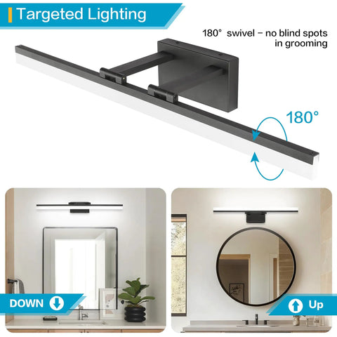 Black Modern Vanity Light 31.5 Inch Dimmable LED Fixture for Bathroom Aluminum Construction 5500K Cool Daylight, No Fuss Install, 18W Hardwired, Quick Mount shown above two mirrors with swivel feature demonstration.