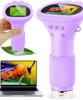 Kid Friendly Microscope 200x Zoom With 2 Inch HD Camera in purple with display of leaf and insect on screen.