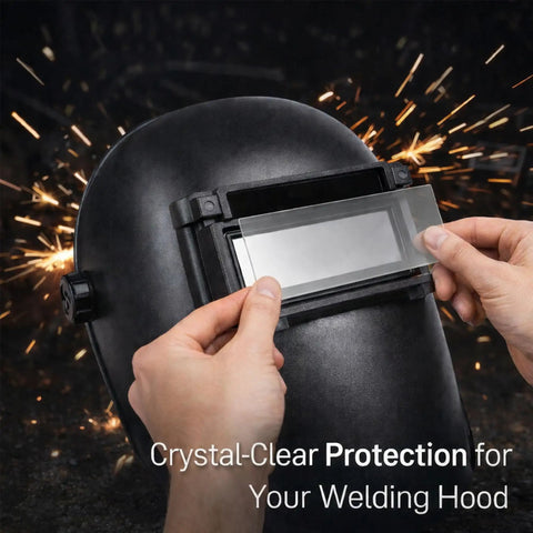 Heavy Duty Clear Welding Lens Covers One Hundred Pack Two By Four Point Two Five Replacement Sheets For Standard Helmets being inserted into a welding helmet.