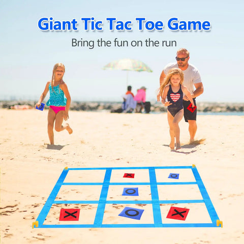 Two children and adult playing on beach with Outdoor Giant Tic Tac Toe And Bean Bag Toss Game For Kids And Adults.