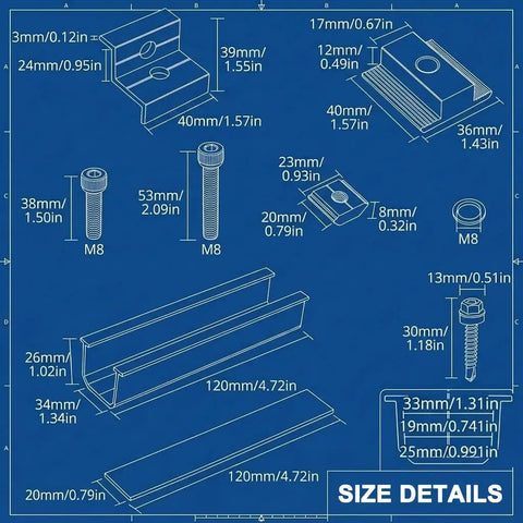 Rock Solid Solar Panel Mounting Kit With 10 Aluminum Rails 4 Mid Clamps And 6 End Clamps detailed size diagram with dimensions.