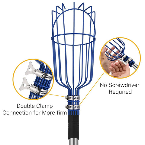 Adjustable Fruit Picker Tool With Telescoping Pole And Basket No Ladder Needed Reaches Up To 20 Feet Lightweight Stainless Steel Connecting Pole Foam Pad And Dual Clamps For Apples Oranges Pears And Other Tree Fruit showing basket and clamps.