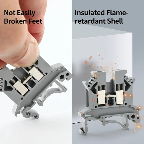 UK-2.5B Din Rail Wire Terminal Block with high-temp flame-resistant shell, showing durability and insulation, for electrical use.