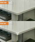 Comparison of table corner before and after using Thickened PVC Corner Guards Set For Furniture And Cabinets, 16 Pieces, Transparent.