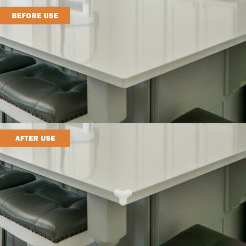 Comparison of table corner before and after using Thickened PVC Corner Guards Set For Furniture And Cabinets, 16 Pieces, Transparent.