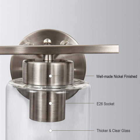Close-up of Three Light Brushed Nickel Luxe Bathroom Vanity Wall Sconce showing nickel finish and clear glass shade