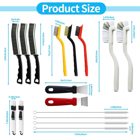Product sizes of 16 Piece Crevice Cleaning Brush Set For Tight Spots And Deep Grime Clean Up, Hard Bristle Scrub Brushes displayed