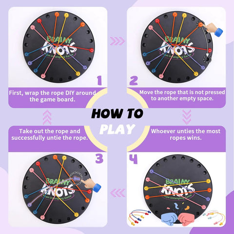 Rope Untangling Puzzle Kit 10 Twisted Rope Challenges for Adults and Kids, showing a 4-step guide on a round puzzle board.