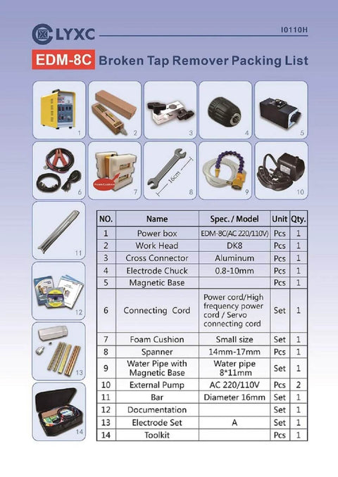 LYXC EDM-8C Broken Tap Remover packing list with 14 components: power box, work head, electrode chuck, magnetic base