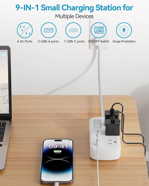 Two Foot Short Extension Cord Power Strip With Flat Plug Six Outlets And Three USB Ports 5V 3.4A 17W Surge Protector on desk
