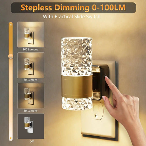 Straight Up Easy Dusk To Dawn Plug In Night Light With Smooth Slide Dimmer And Auto Sensor Zero Stress Setup For Hallway Bedroom Energy Saving LED Wall Lamp Top Shelf Two Pack showing light with slide dimmer.