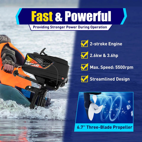 Beast 3.6HP 2 Stroke Outboard Motor With Water And Air Cooling For Inflatable Boats, 55cc Engine, shown operating on water