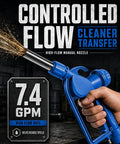 No Sweat Electric Drum Pump For 55 Gallon Barrels With Dual 120V AC And 12V DC Power 5 GPM Rapid Extract 2 Inch Bung Adapter showing manual nozzle for controlled fluid transfer.