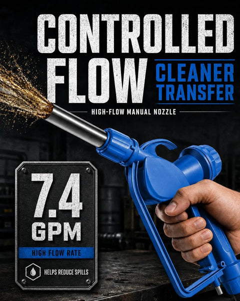 No Sweat Electric Drum Pump For 55 Gallon Barrels With Dual 120V AC And 12V DC Power 5 GPM Rapid Extract 2 Inch Bung Adapter showing manual nozzle for controlled fluid transfer.