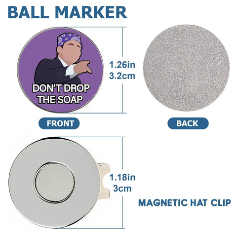 Prison Mike Golf Ball Marker With Magnetic Hat Clip The Office Themed Funny Golf Accessory For Men Dope Gift For Dad Husband Or Boyfriend Unique Birthday Or Anniversary Present, showing front and back views with dimensions.