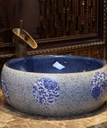 USZWBY Vessel Sinks Bathroom Vessel Sink Vanity Round Ceramic Washbasin Vintage Art Countertop Basin with Faucet Bathroom Bowl Sink on marble countertop.