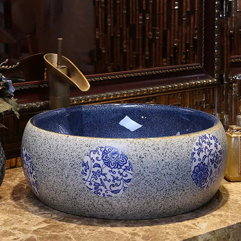 USZWBY Vessel Sinks Bathroom Vessel Sink Vanity Round Ceramic Washbasin Vintage Art Countertop Basin with Faucet Bathroom Bowl Sink on marble countertop.