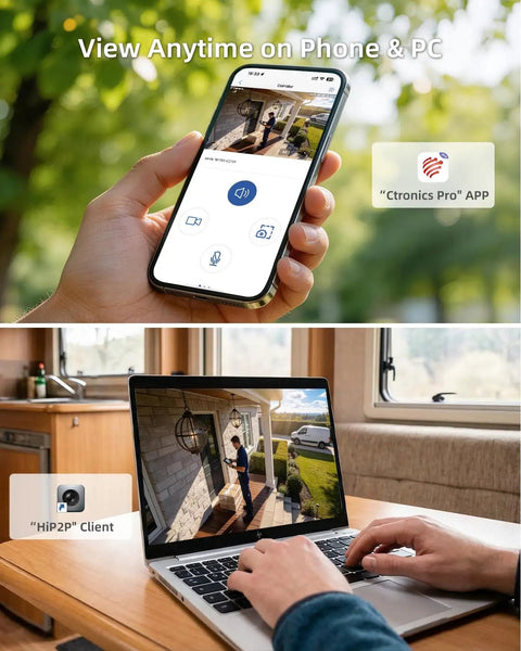 Person using 3MP Solar Wireless Outdoor Security Camera With PTZ app on phone and laptop, demonstrating home surveillance monitoring.