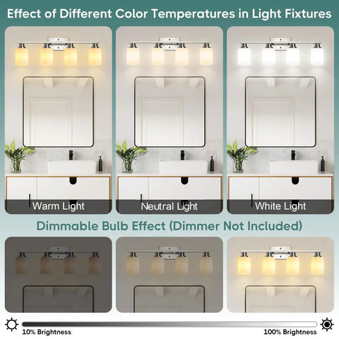 Effect of different color temperatures with Legit Top Tier Four Light Vanity Mirror Fixture Featuring Brushed Nickel Wall Sconces.