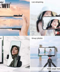 Compact Phone Camera Grip Handle With Tripod Mount Remote Shutter And Cold Shoe Adapter used for selfies and group photos.