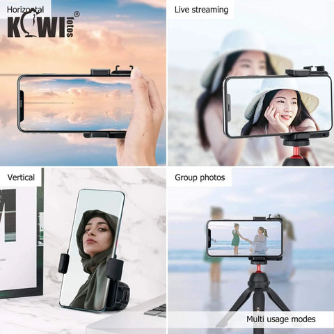 Compact Phone Camera Grip Handle With Tripod Mount Remote Shutter And Cold Shoe Adapter used for selfies and group photos.