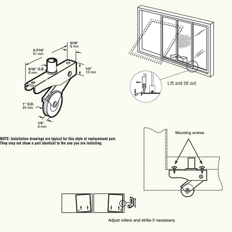Installation diagram for Four Pack Heavy Duty Sliding Screen Door Bottom Rollers With Adjustable Tension Springs And One Inch Concave Steel Ball Bearings.