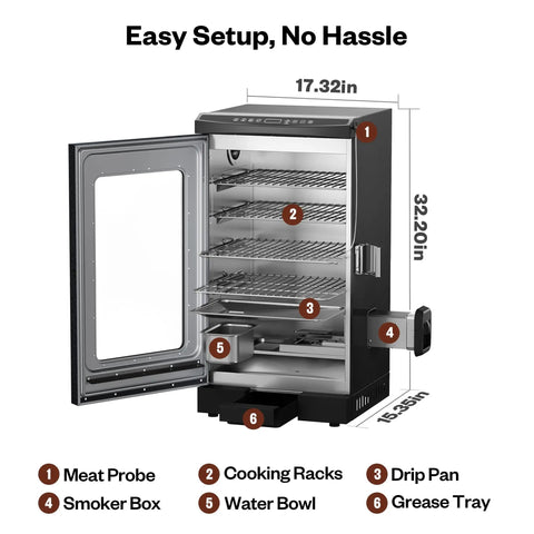 30 Inch Electric Smoker For Outdoors With Built In Meat Probe And Clear Viewing Window Side Chip Loader For 6x Longer Smokes And 725 Sq In Cooking Area For Bigger Batches Night Blue Finish with open door showing interior compartments and labeled parts.