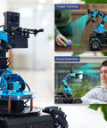 6-DOF robotic arm on a blue 4WD mecanum-wheel chassis with camera module