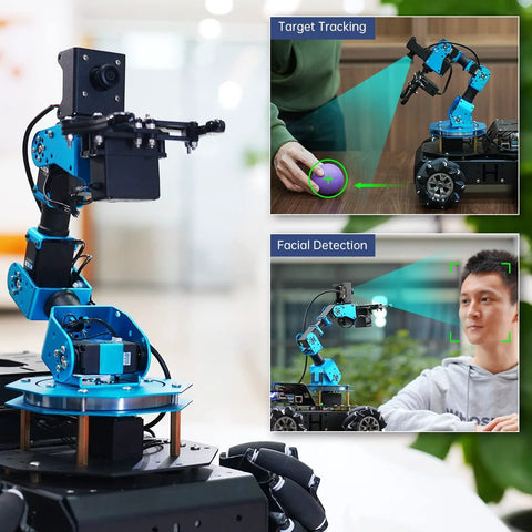 6-DOF robotic arm on a blue 4WD mecanum-wheel chassis with camera module