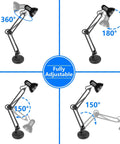 Metal Desk Lamp With Adjustable Arm And Clamp, 18 Inch Extension, Black Finish, showing various rotation angles, UL Listed