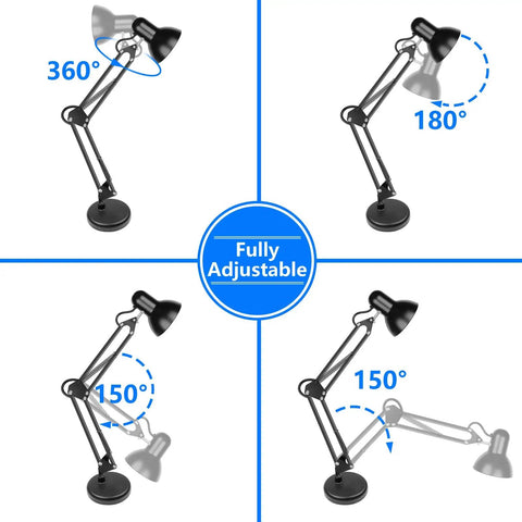 Metal Desk Lamp With Adjustable Arm And Clamp, 18 Inch Extension, Black Finish, showing various rotation angles, UL Listed