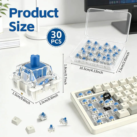 Blue 30 Pack Mechanical Keyboard Switches 3 Pin Dustproof Clicky Tactile For Gaming And Typing DIY Build Kits For Custom Keyboards And 3D Printing Projects, 30 pcs, 15x18mm