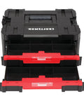 Heavy Duty Plastic Tool Box With Drawers And Stackable Organizer System, showing open drawers with removable dividers