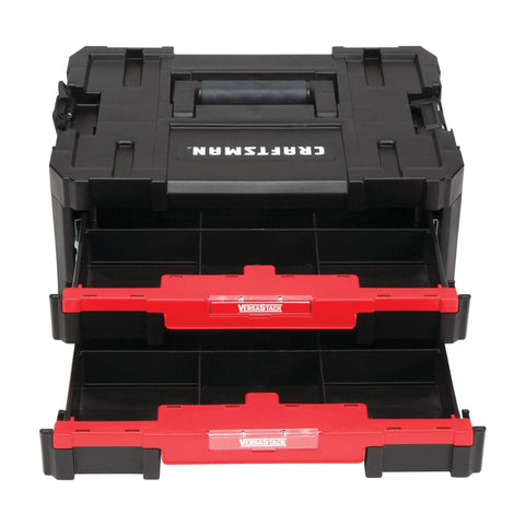 Heavy Duty Plastic Tool Box With Drawers And Stackable Organizer System, showing open drawers with removable dividers