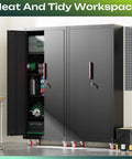Tall 71 Inch Metal Garage Storage Cabinet On Wheels With Four Adjustable Shelves And Two Locking Doors in use