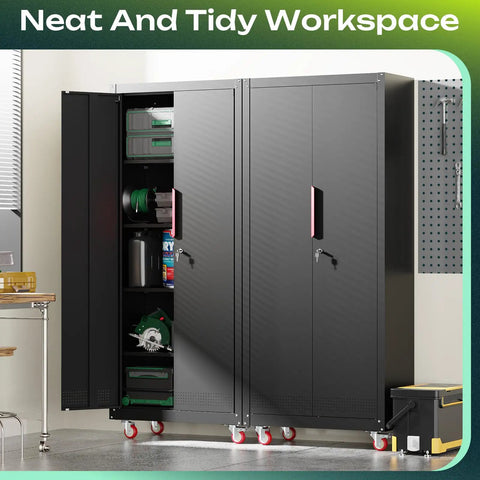 Tall 71 Inch Metal Garage Storage Cabinet On Wheels With Four Adjustable Shelves And Two Locking Doors in use