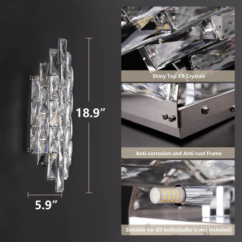 Crystal Chrome Wall Sconces for Living Room Bedroom Bathroom Hallway Staircase Lighting Indoor Vanity Wall Mount Lamps with Clear K9 Crystals
