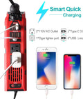 Tailgate Tough 200W Car Power Inverter converts 12V DC to 110V AC, with dual sockets and fast USB charging ports.
