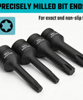 Four bits from Eight Piece Impact Torx Bit Set With One Half Inch Drive Including T30 T40 T45 T50 T55 T60 T70 T80 Bits In Chromoly Steel
