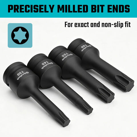 Four bits from Eight Piece Impact Torx Bit Set With One Half Inch Drive Including T30 T40 T45 T50 T55 T60 T70 T80 Bits In Chromoly Steel