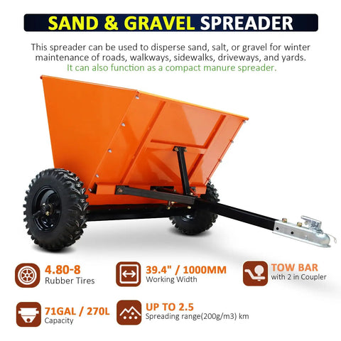 Beefy 71 Gallon Tow Behind Sand And Gravel Spreader For ATV And UTV with orange steel hopper and tow bar