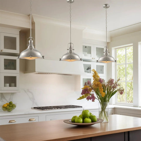 Industrial Farmhouse Nautical Pendant Light With Round Fresnel Lens, Adjustable Hanging Height, above modern kitchen island.