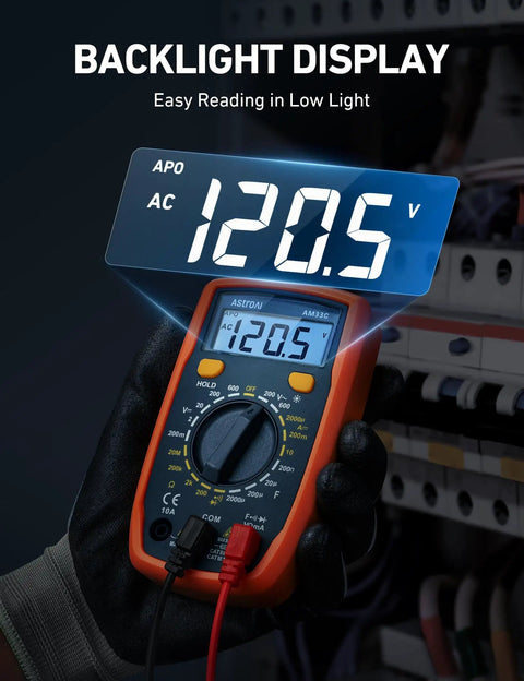 Orange Digital Multimeter With Capacitance Measurement And 2000 Counts For DC AC Voltage, Current, Resistance, Continuity And Diode Testing, Range 200nF To 2000μF, Handy Ohm Meter For Home And DIY Electronics, backlit display