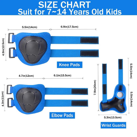 All In One Kids Protective Gear Set 6 In 1 Knee Pads Elbow Pads Wrist Guards for Ages 3 to 14 Blue Size Chart