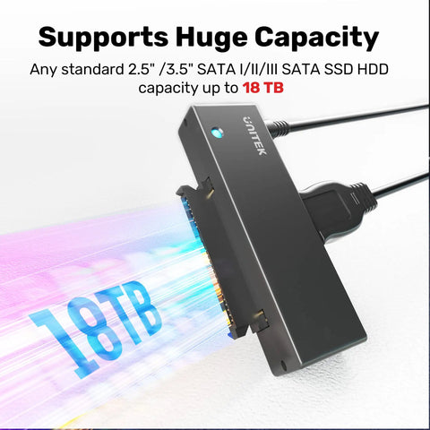 External USB 3 0 To SATA III Hard Drive Adapter Kit With 12V 2A Power Supply showing capability for 2 5 Inch and 3 5 Inch drives up to 18TB
