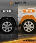 Before and after image showing 2 inch front lift effect for Ram 1500 2019 to 2025 using loaded front struts.