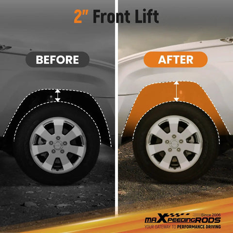 Before and after image showing 2 inch front lift effect for Ram 1500 2019 to 2025 using loaded front struts.