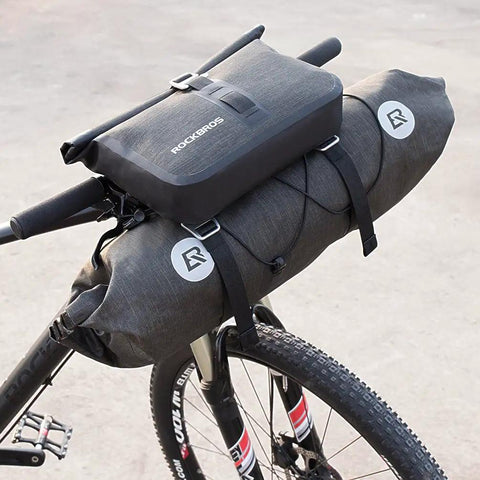 Waterproof Handlebar Bag Set for Bikepacking, Two Dry Packs, 12L-20L Front Storage for MTB and Road Bikes mounted on a bicycle