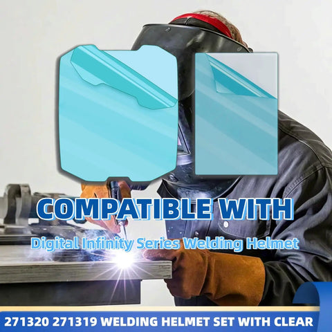 Clear Front And Inside Cover Lenses 20 Pack For Digital Infinity Series Welding Helmet Replacement Set Pro Grade Durable Polycarbonate Safety Lenses For Superior Clarity And Impact Resistance, shown with welder in action