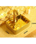 Slick Gold Bathroom Vessel Sink With Prime Ceramic Basin And Top Shelf Faucet Bundle For Modern Above Counter Vanity Setup. 480x370x130mm.